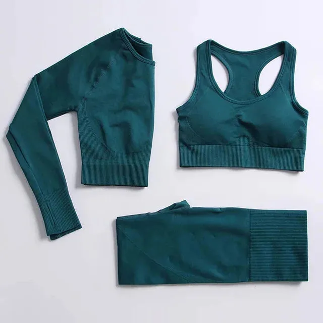Energy Seamless Yoga Set - Sport Outfit for Women, Gym Clothing Fitness Long Sleeve Crop Top High Waist Leggings, Running Sportswear
