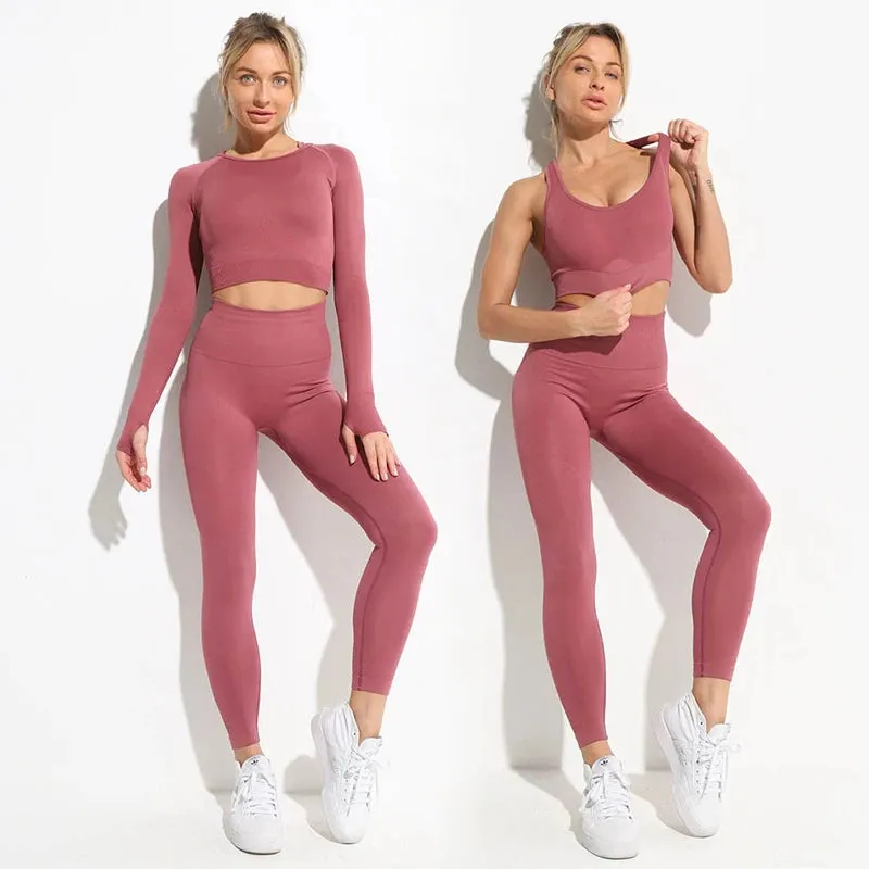 Energy Seamless Yoga Set - Sport Outfit for Women, Gym Clothing Fitness Long Sleeve Crop Top High Waist Leggings, Running Sportswear
