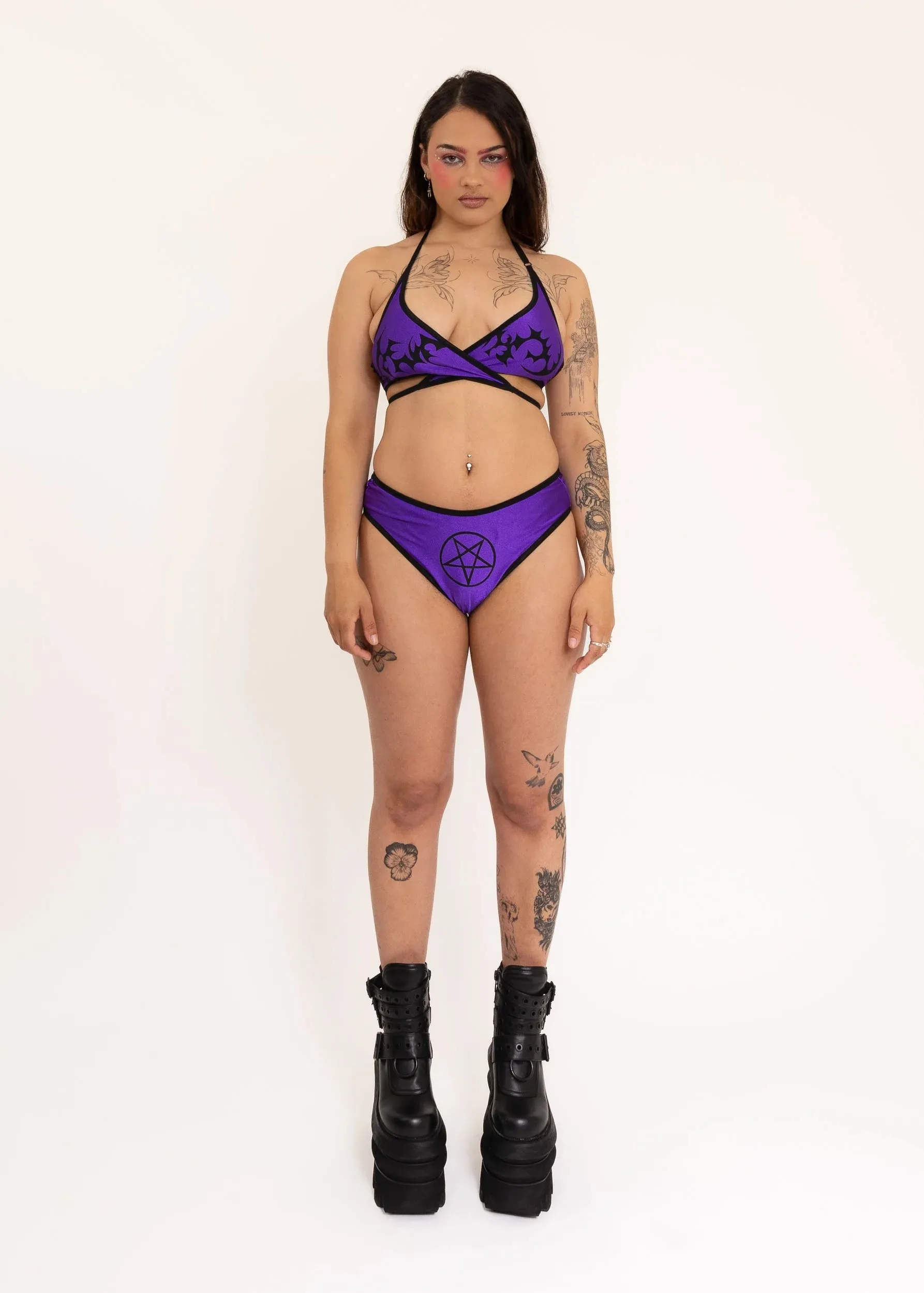 Evil Shadows Cross Front Bikini Top- Purple