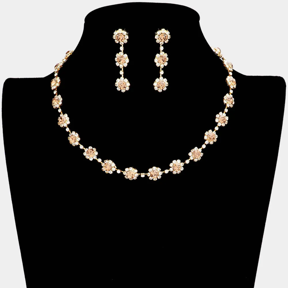Floral Light Topaz Crystal Rhinestone Small Collar Necklace Set  | Pageant and Prom Jewelry |  97123