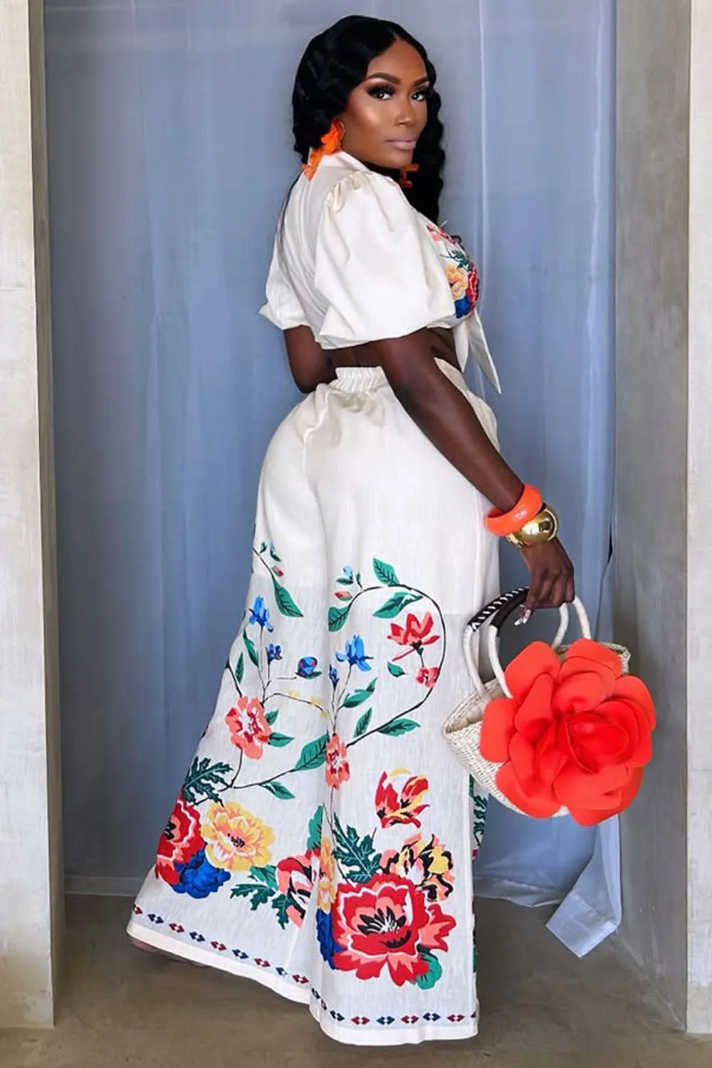 Floral Placement Print Crop Blouse Wide Leg Pants 2pcs Set-White [Pre Order]