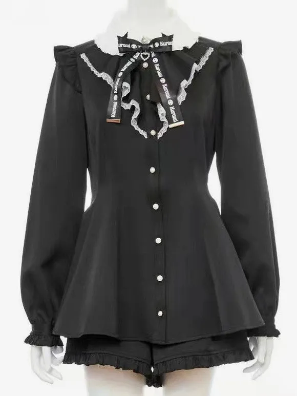 Gothic Lolita Outfits Black Ruffles Long Sleeves Pants Top Bowknot