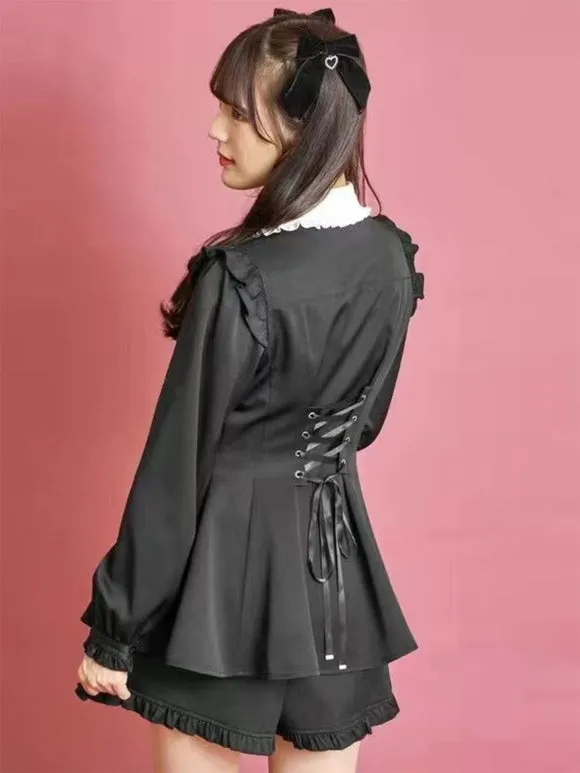 Gothic Lolita Outfits Black Ruffles Long Sleeves Pants Top Bowknot