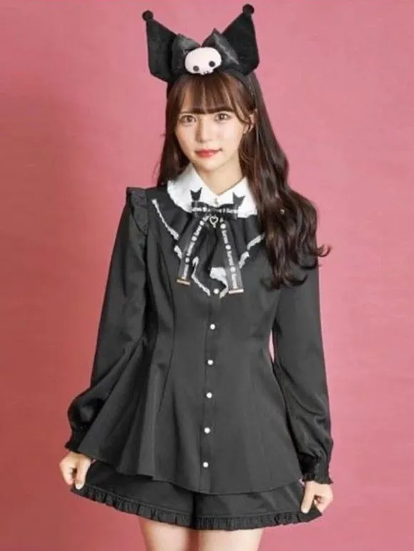Gothic Lolita Outfits Black Ruffles Long Sleeves Pants Top Bowknot