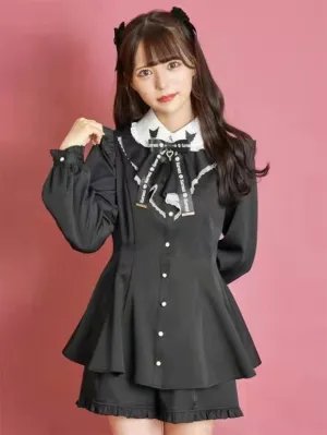 Gothic Lolita Outfits Black Ruffles Long Sleeves Pants Top Bowknot