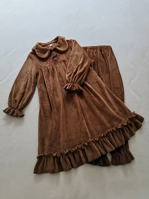 Gothic Lolita Outfits Light Brown Bows Ruffles Long Sleeves Pants Top