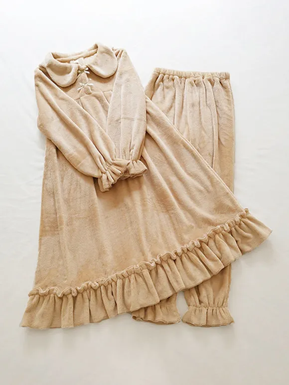 Gothic Lolita Outfits Light Brown Bows Ruffles Long Sleeves Pants Top