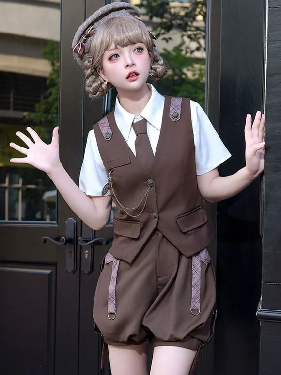 Gothic Ouji Lolita Outfits Coffee Brown Sleeveless Pants Overcoat