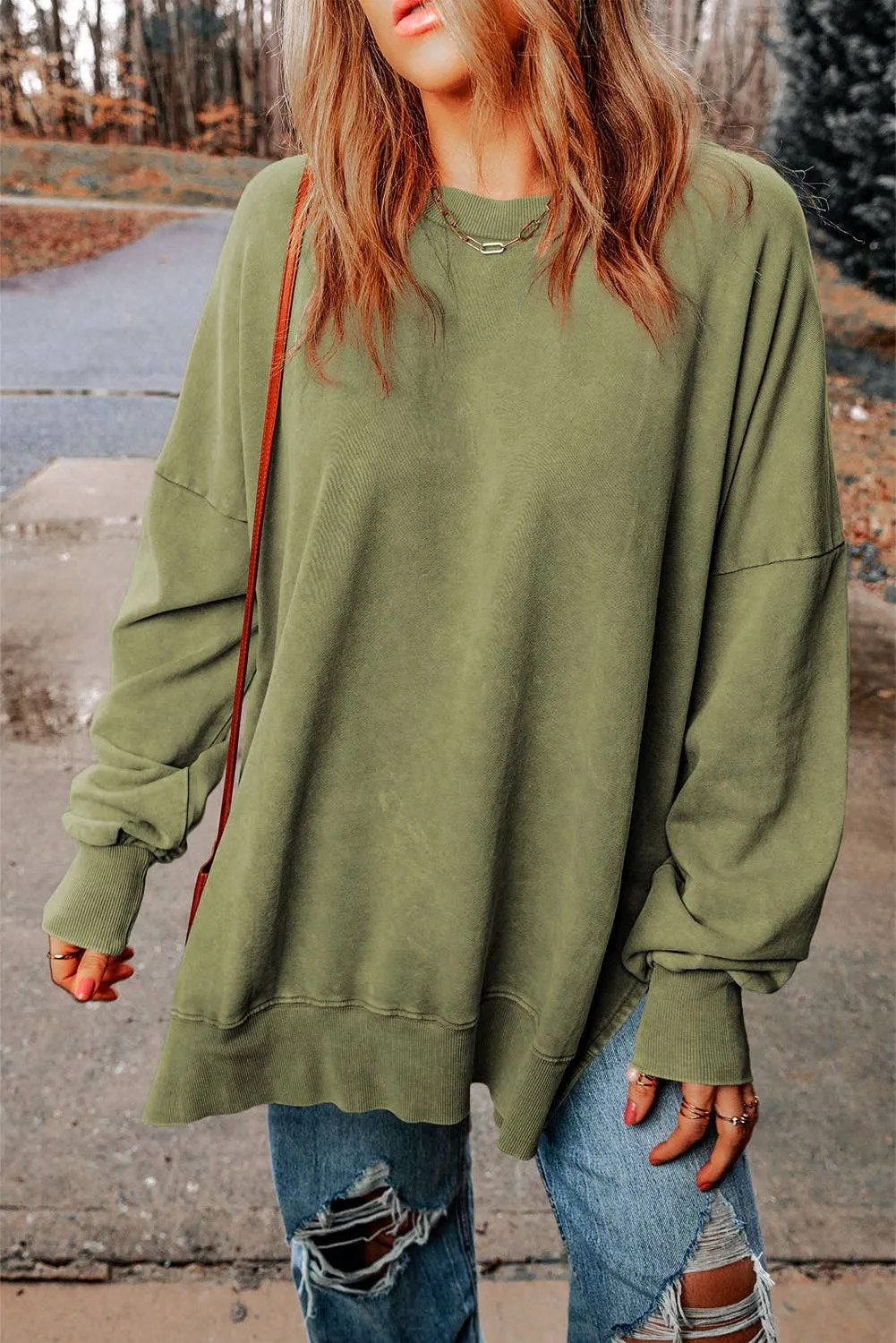 Green Drop Shoulder Ribbed Trim Oversized Sweatshirt: Green / L / 75%Polyester 25%Cotton