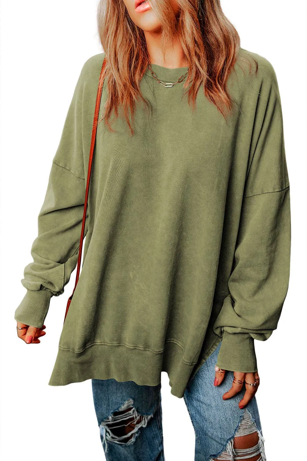 Green Drop Shoulder Ribbed Trim Oversized Sweatshirt: Green / L / 75%Polyester 25%Cotton