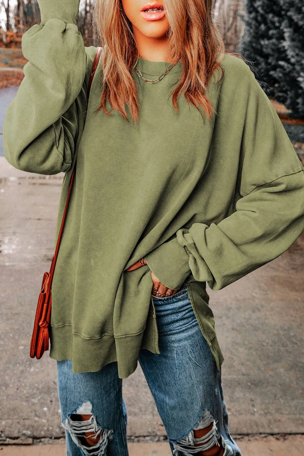 Green Drop Shoulder Ribbed Trim Oversized Sweatshirt: Green / L / 75%Polyester 25%Cotton