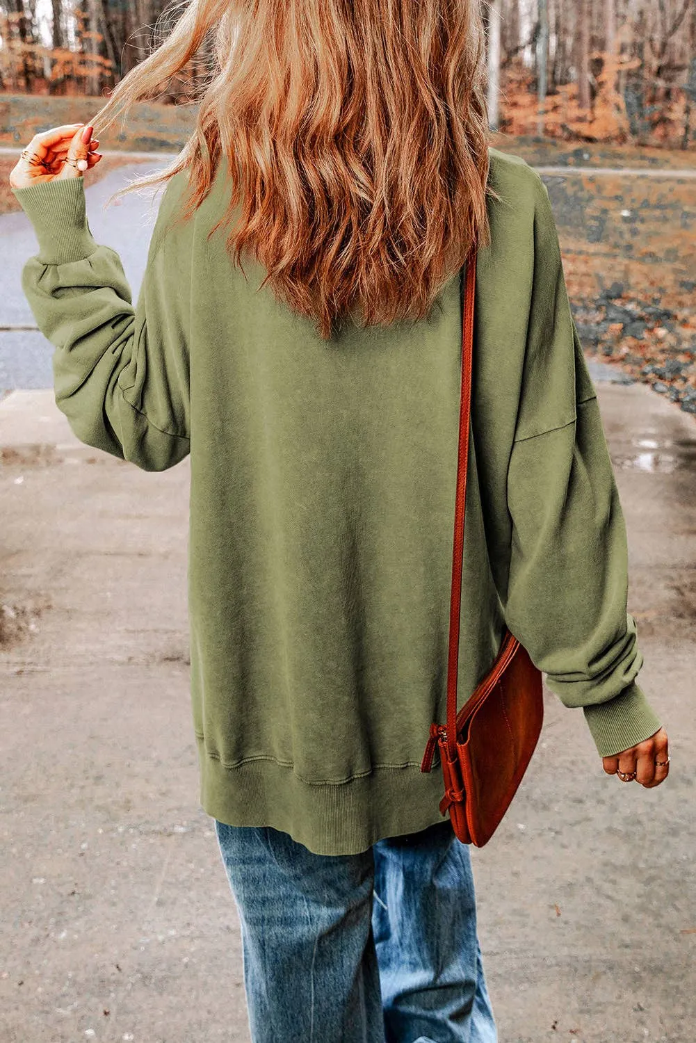 Green Drop Shoulder Ribbed Trim Oversized Sweatshirt: Green / L / 75%Polyester 25%Cotton