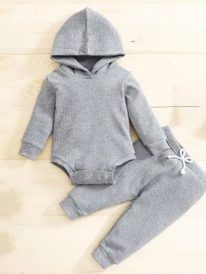 Grey Baby Hooded Bodysuit and Bottoms - 2 Piece Ribbed Outfit - Grey 3M -18M