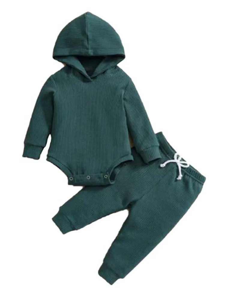 Grey Baby Hooded Bodysuit and Bottoms - 2 Piece Ribbed Outfit - Grey 3M -18M