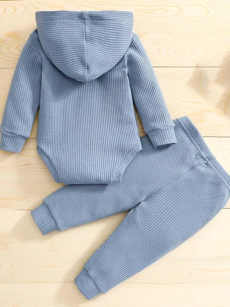 Grey Baby Hooded Bodysuit and Bottoms - 2 Piece Ribbed Outfit - Grey 3M -18M
