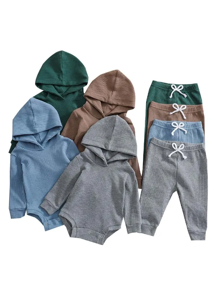 Grey Baby Hooded Bodysuit and Bottoms - 2 Piece Ribbed Outfit - Grey 3M -18M