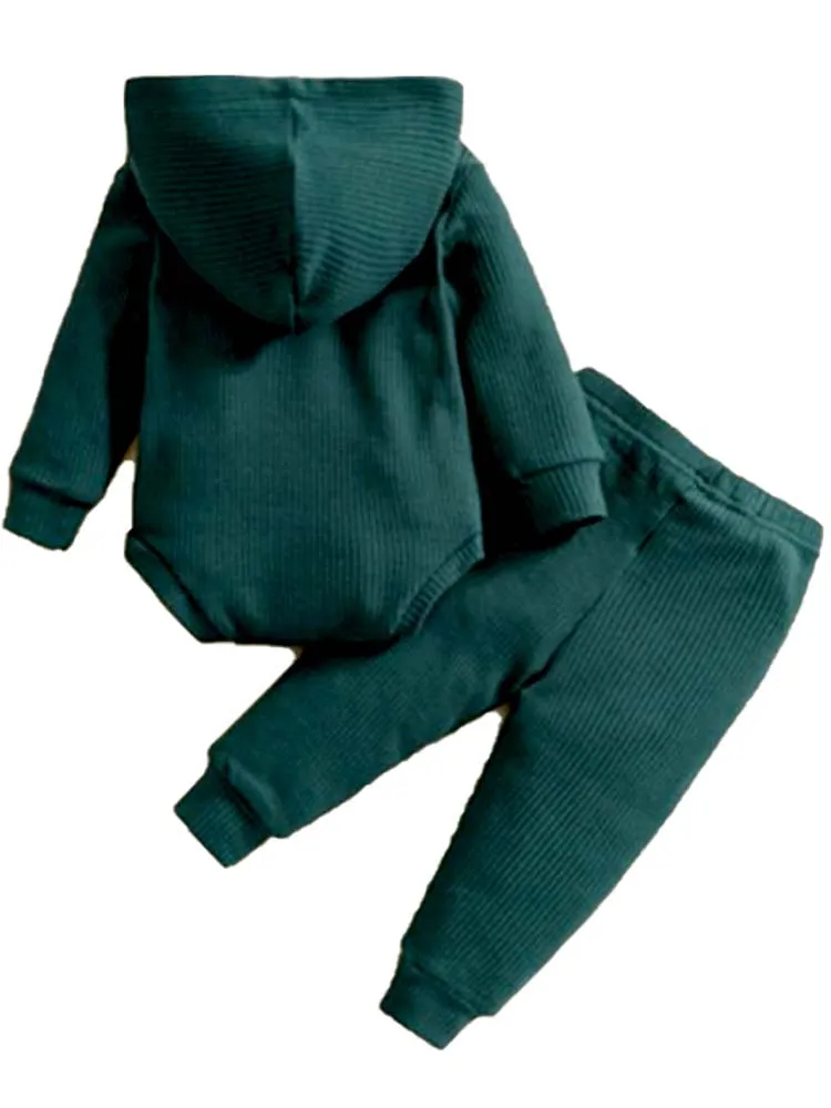 Grey Baby Hooded Bodysuit and Bottoms - 2 Piece Ribbed Outfit - Grey 3M -18M