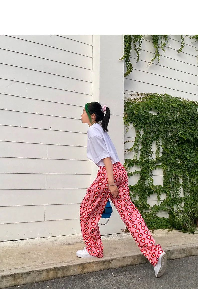 Heart Full Printed Long Straight Pink Pants