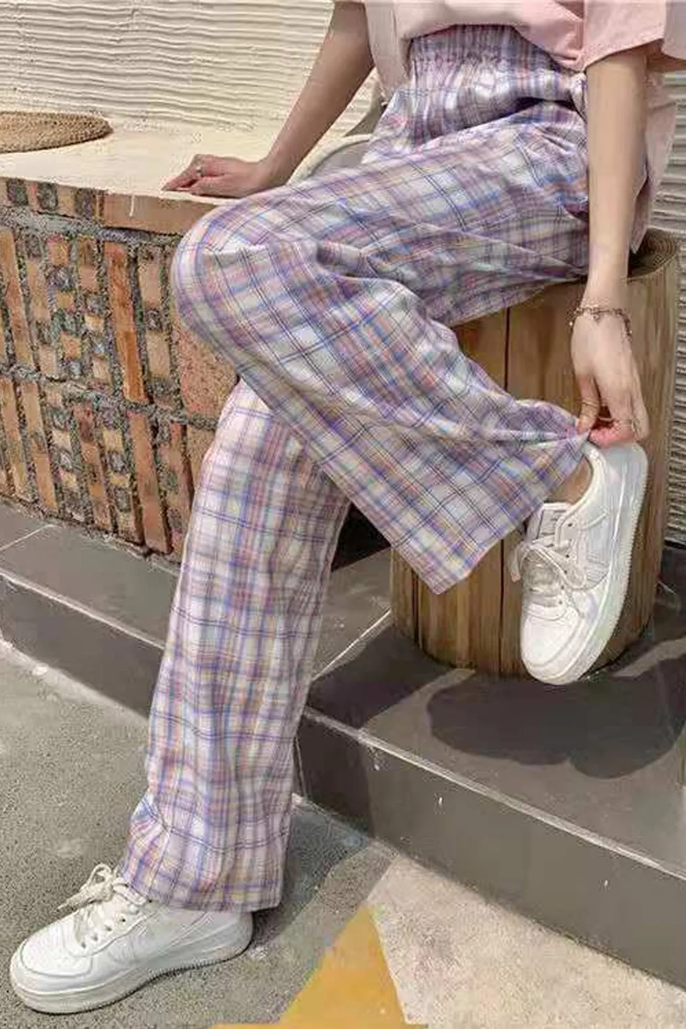 High Waist Cute Purple Plaid Long Pants