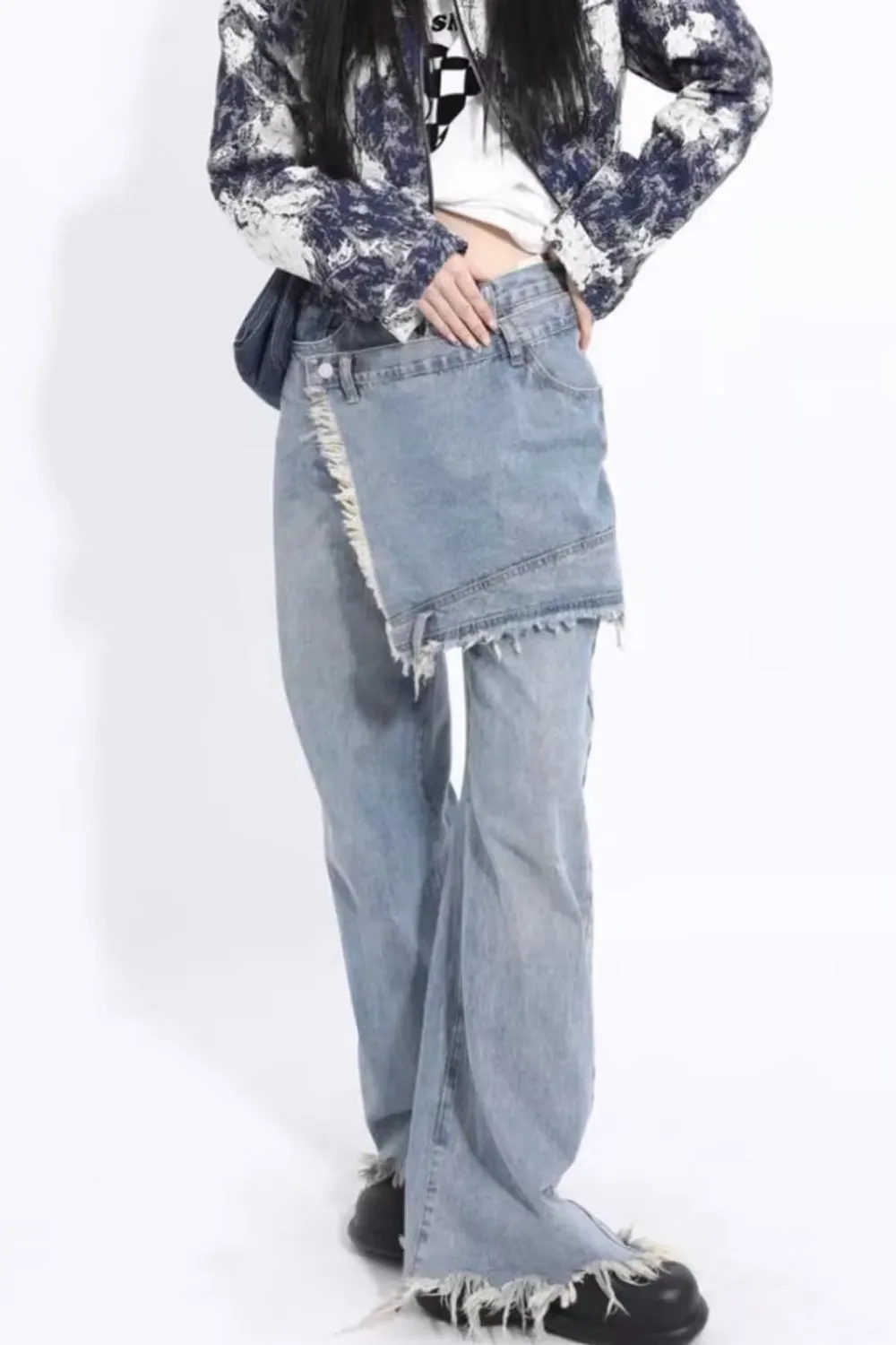 High Waist Design Irregular Tassel Jeans Pants