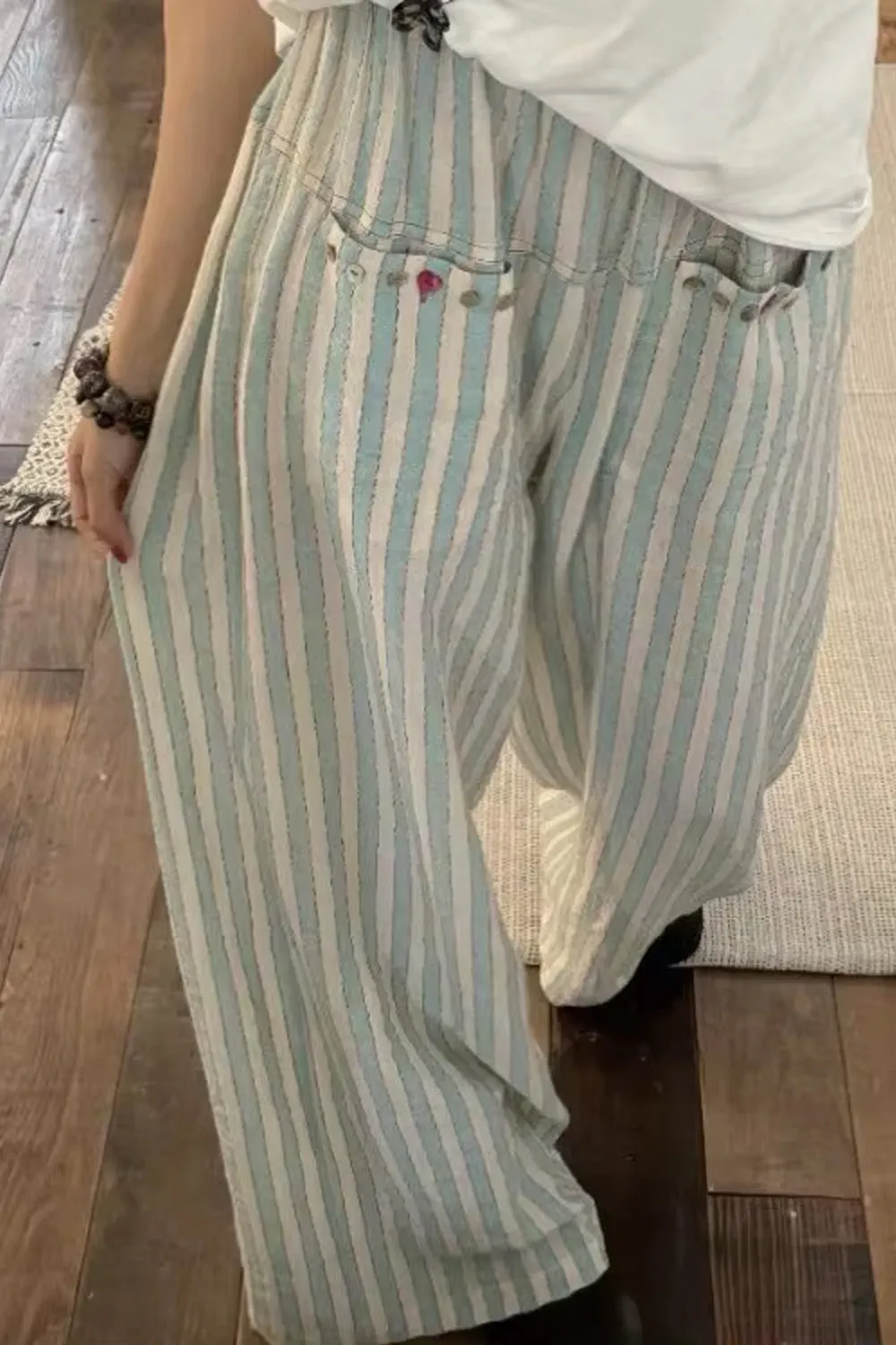 High Waist Vintage Green Striped Long Pants
