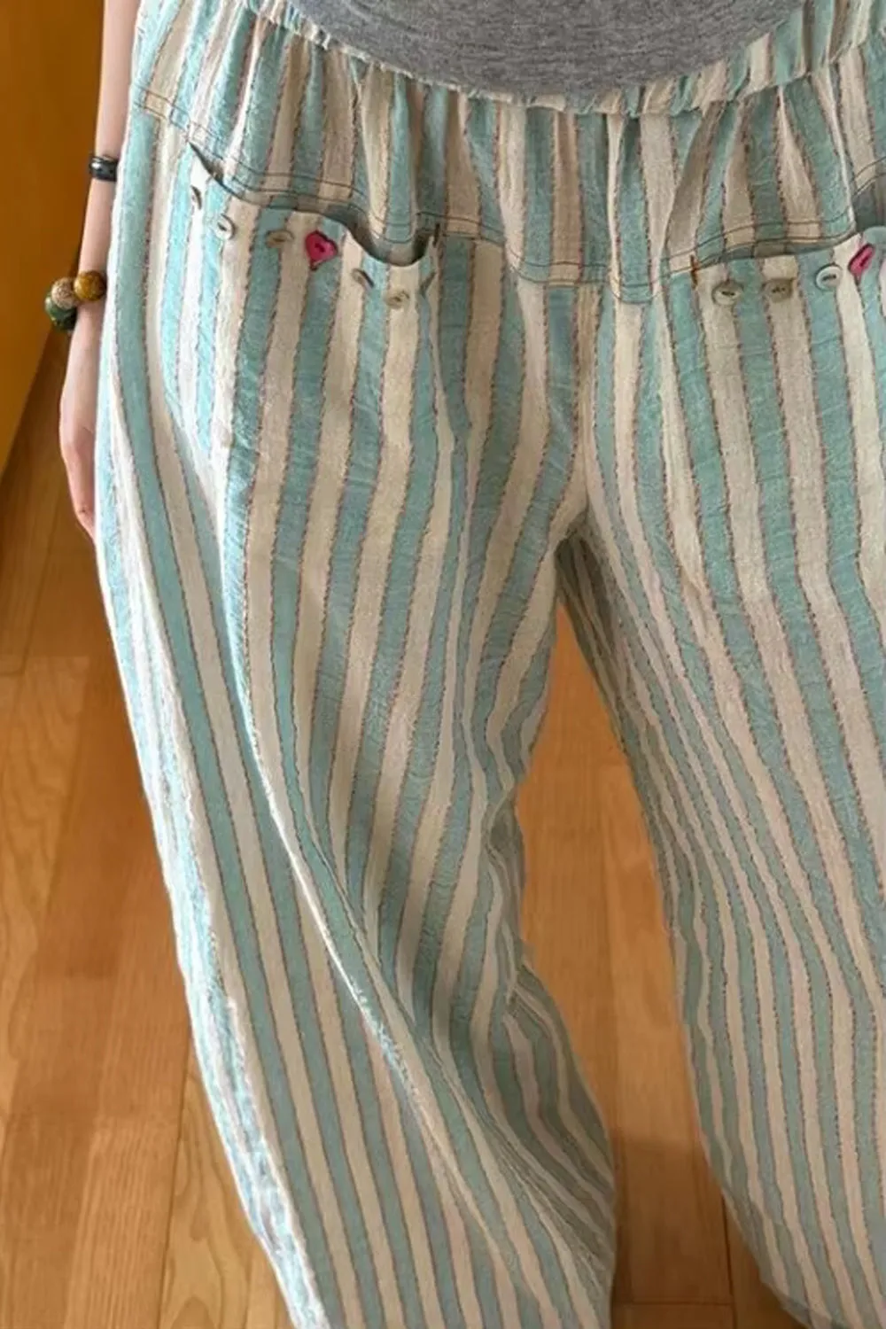 High Waist Vintage Green Striped Long Pants