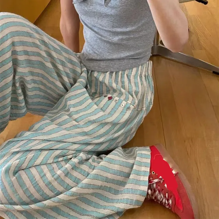 High Waist Vintage Green Striped Long Pants