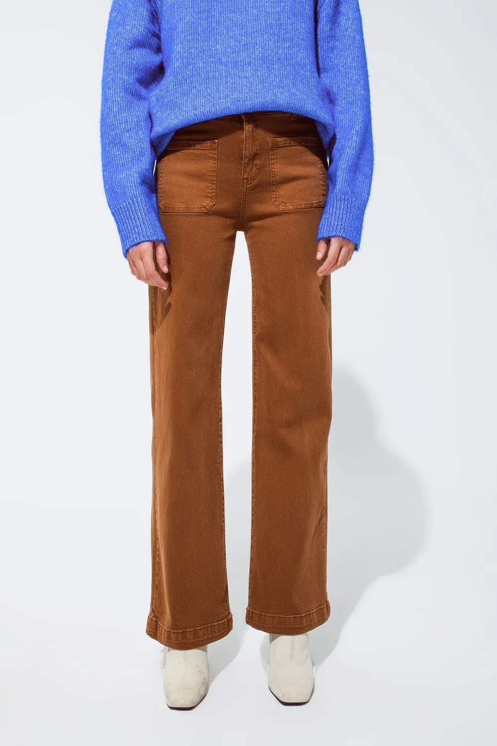 high waisted front pockets flare jeans in camel