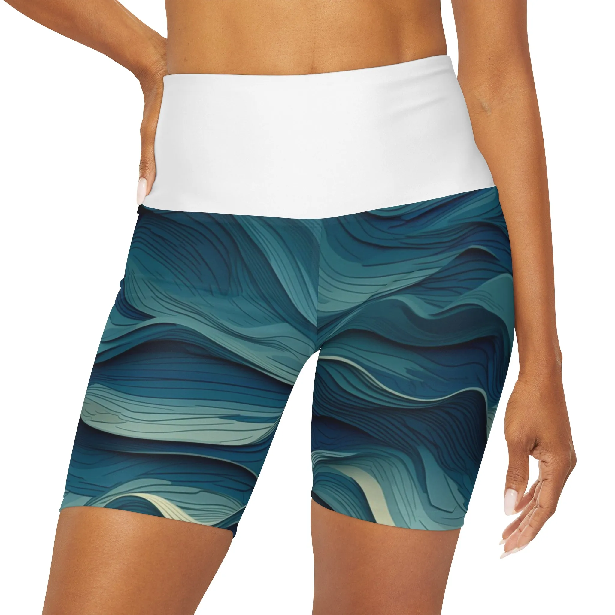 High Waisted Yoga Shorts - Jehanne Tadasana Ocean Waves
