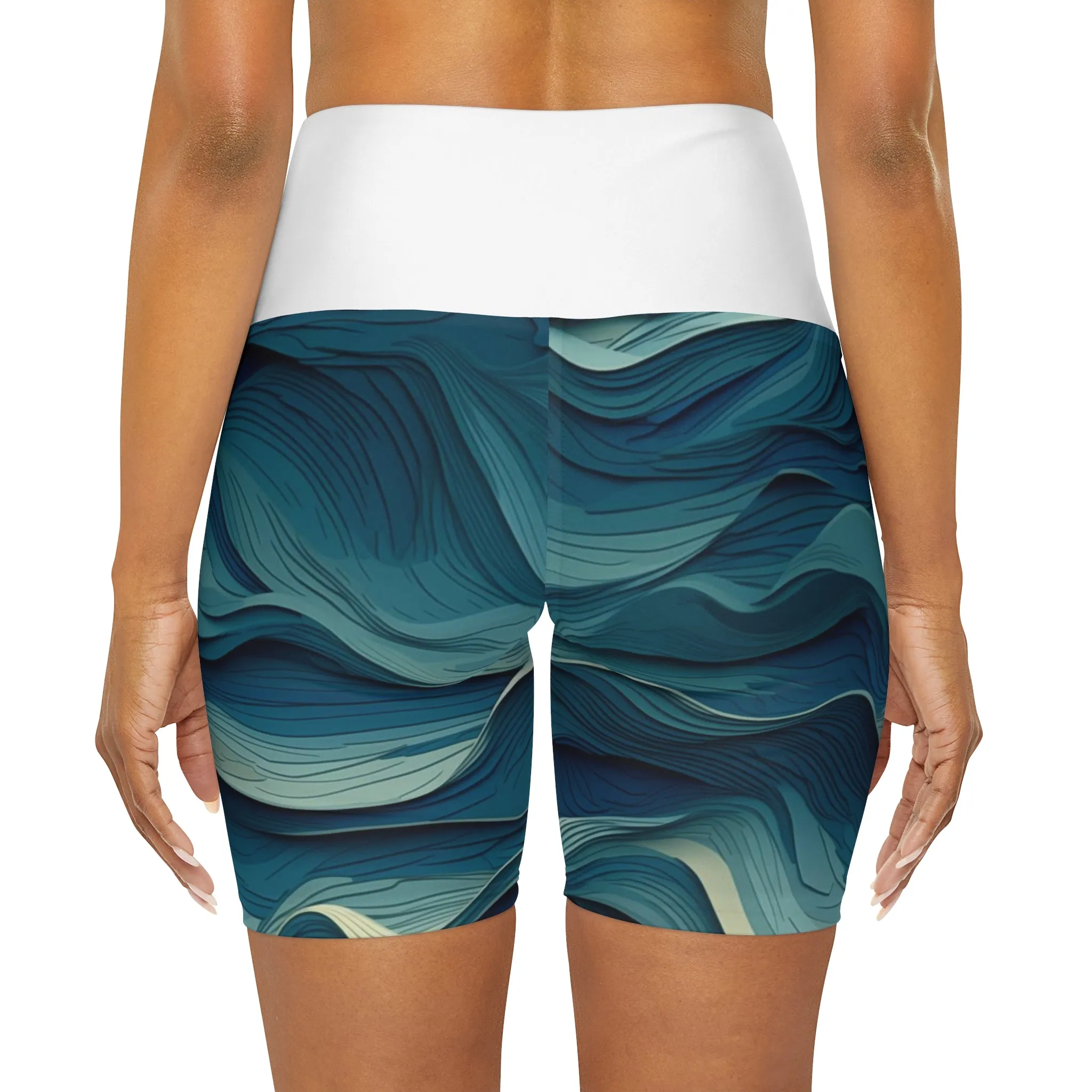 High Waisted Yoga Shorts - Jehanne Tadasana Ocean Waves