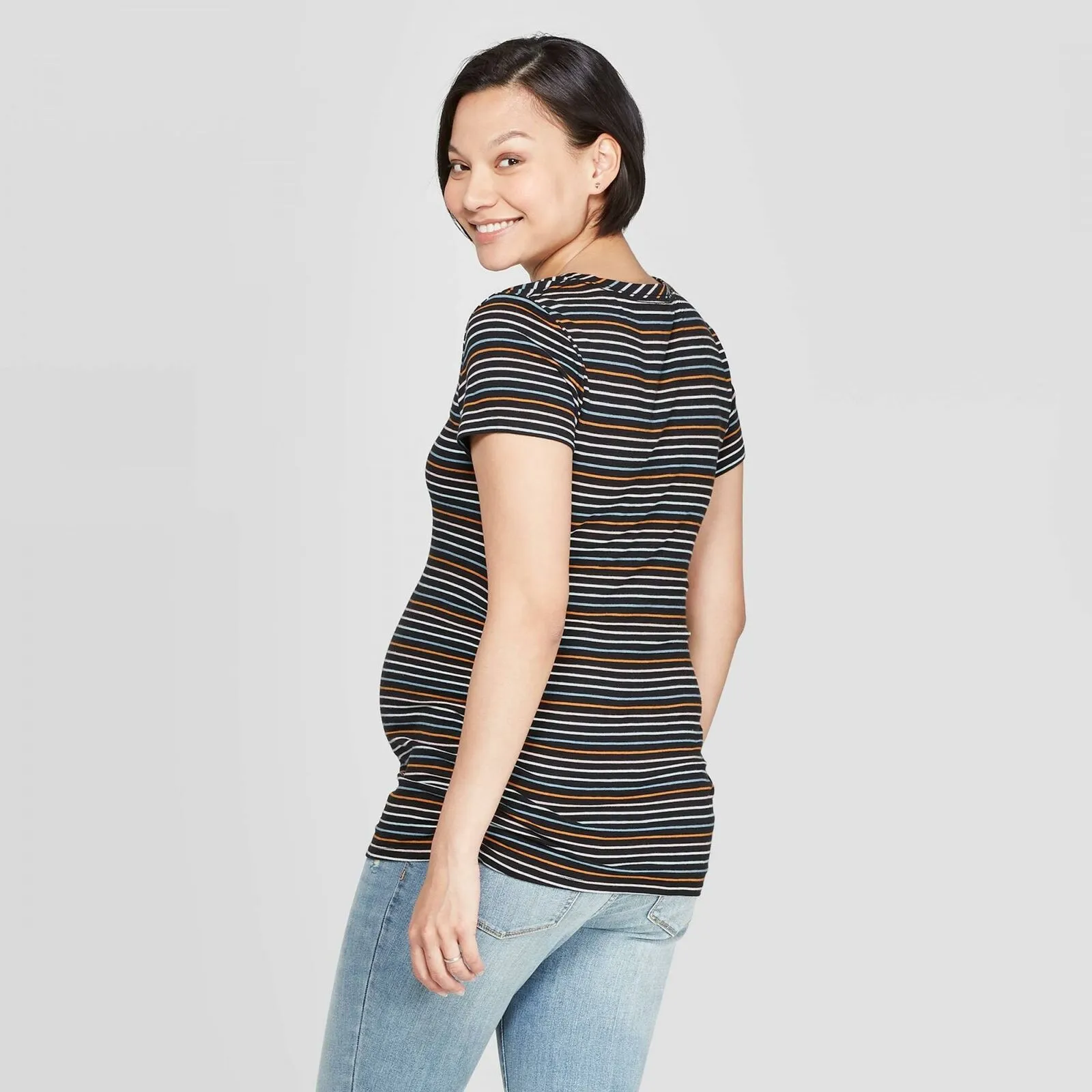 Isabel Maternity by Ingrid & Isabel Striped Short Sleeve Shirred V-Neck T-Shirt