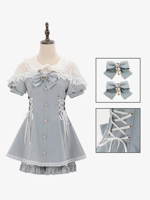 Jirai Kei Set Landmine Style Set Black Ruffles Bows Short Sleeves Cravat Pants