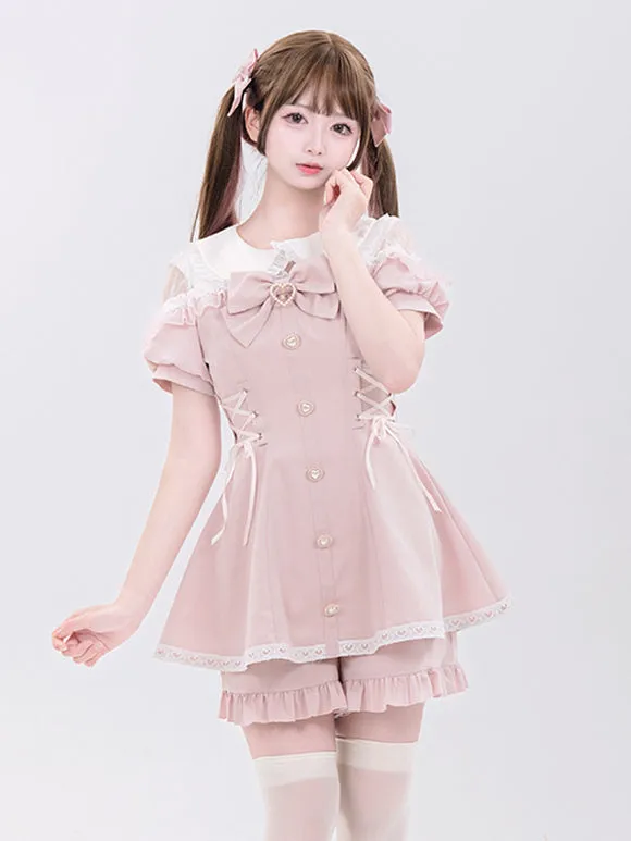 Jirai Kei Set Landmine Style Set Black Ruffles Bows Short Sleeves Cravat Pants