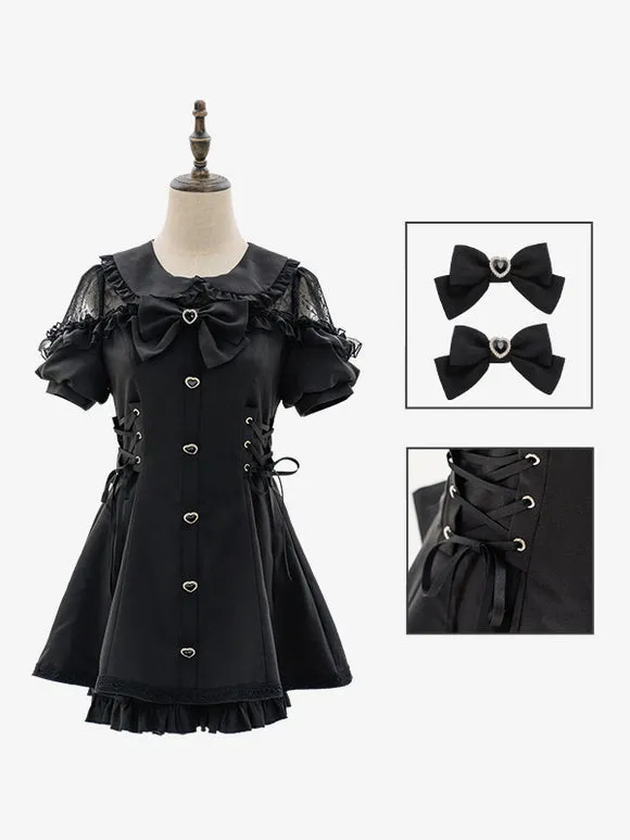 Jirai Kei Set Landmine Style Set Black Ruffles Bows Short Sleeves Cravat Pants