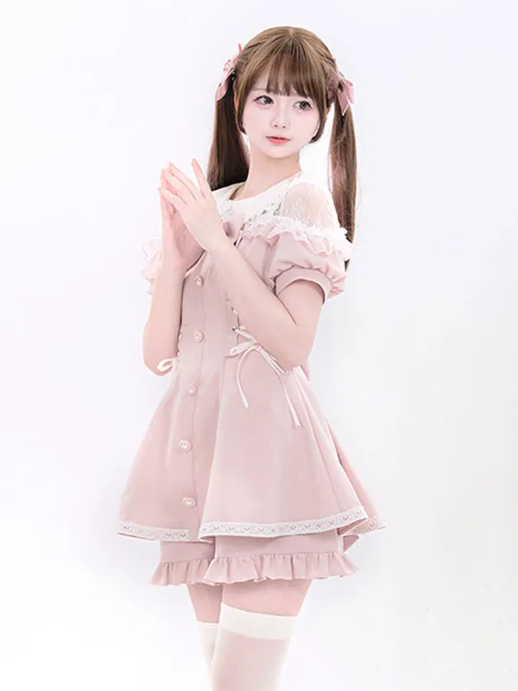 Jirai Kei Set Landmine Style Set Black Ruffles Bows Short Sleeves Cravat Pants