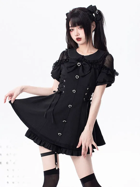 Jirai Kei Set Landmine Style Set Black Ruffles Bows Short Sleeves Cravat Pants