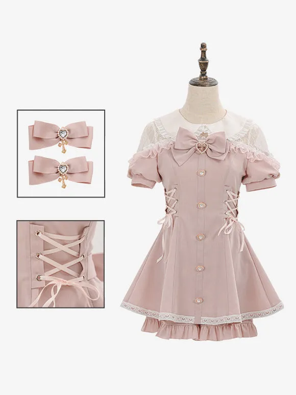 Jirai Kei Set Landmine Style Set Black Ruffles Bows Short Sleeves Cravat Pants