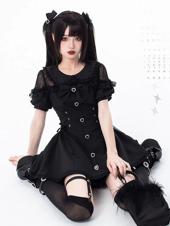 Jirai Kei Set Landmine Style Set Black Ruffles Bows Short Sleeves Cravat Pants