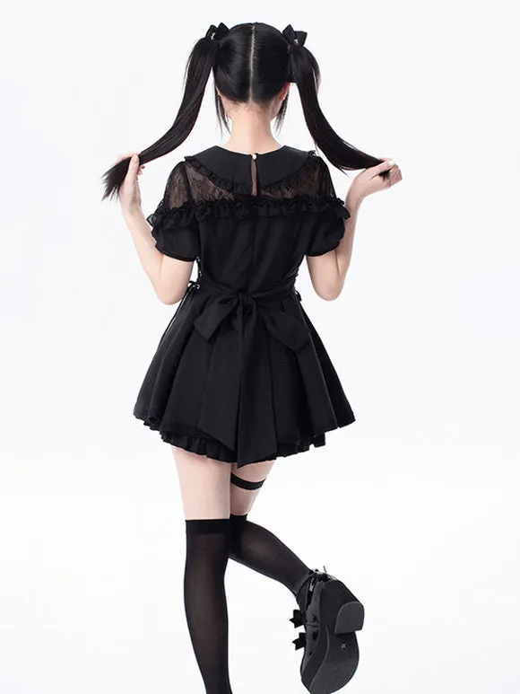 Jirai Kei Set Landmine Style Set Black Ruffles Bows Short Sleeves Cravat Pants