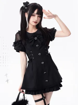 Jirai Kei Set Landmine Style Set Black Ruffles Bows Short Sleeves Cravat Pants