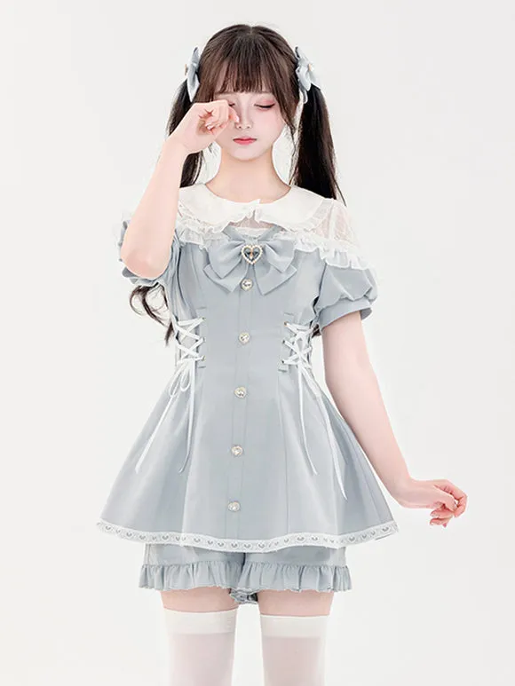 Jirai Kei Set Landmine Style Set Black Ruffles Bows Short Sleeves Cravat Pants
