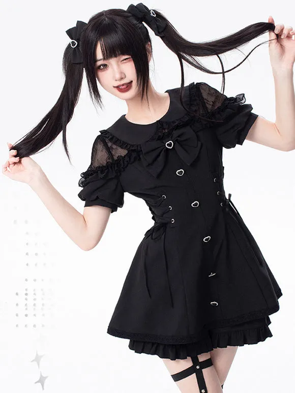 Jirai Kei Set Landmine Style Set Black Ruffles Bows Short Sleeves Cravat Pants