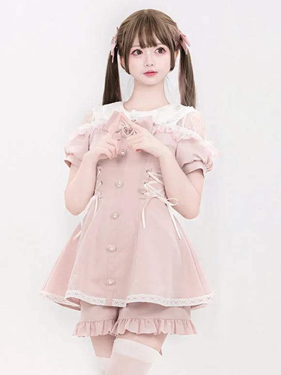 Jirai Kei Set Landmine Style Set Black Ruffles Bows Short Sleeves Cravat Pants