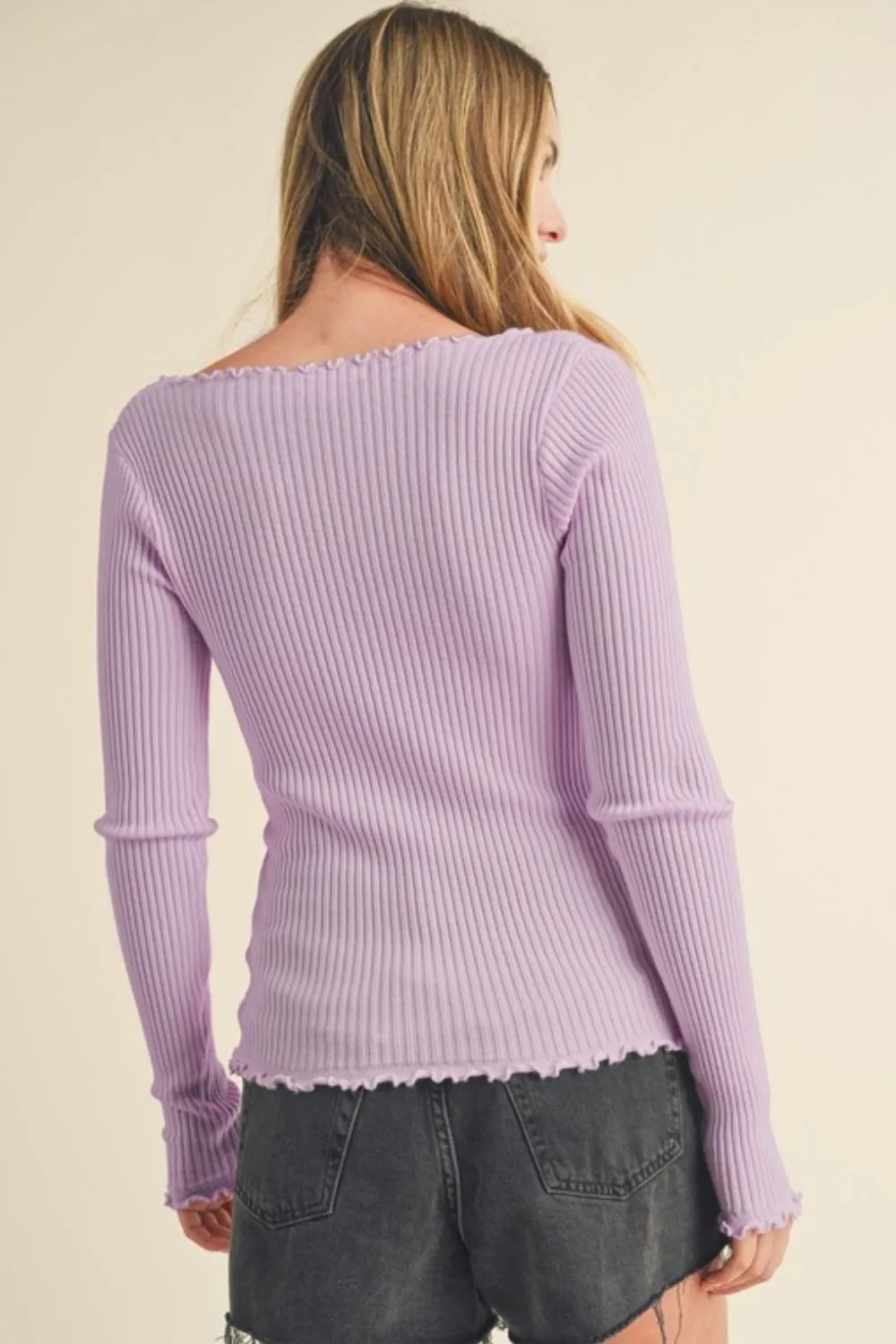 Lettuce Hem Scoop Neck Long Sleeve Knit Top
