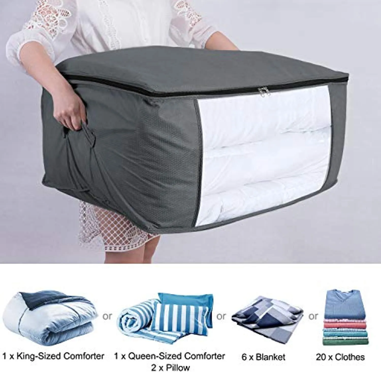 Lifewit Set of 3 Large Clothes Storage Bag for Comforters, Blankets, Bedding, Pillow, Breathable Foldable Closet Organizer with Clear Window, Grey