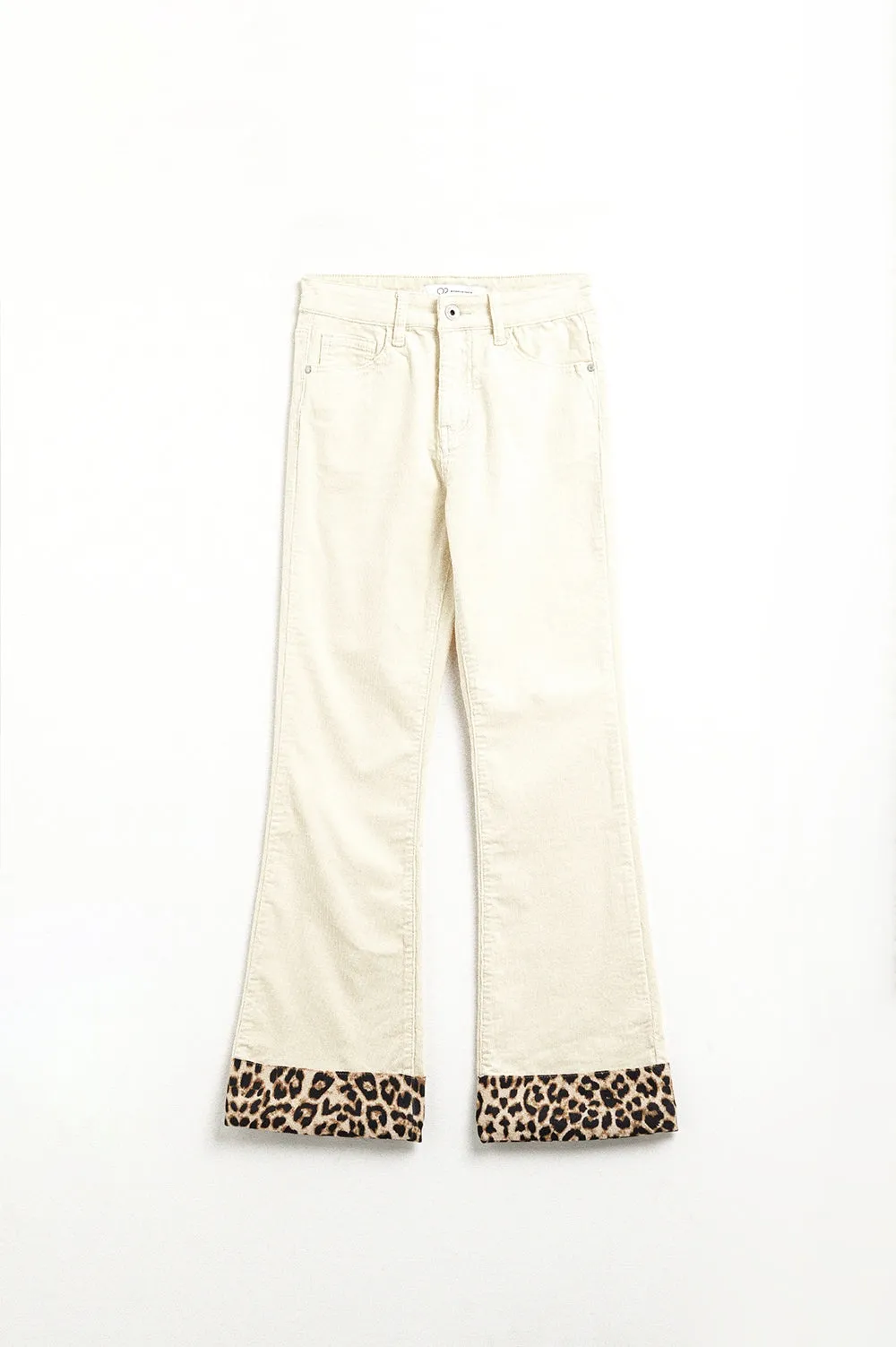 Light Beige Corduroy flare pants with leopard print at the bottom