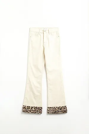 Light Beige Corduroy flare pants with leopard print at the bottom