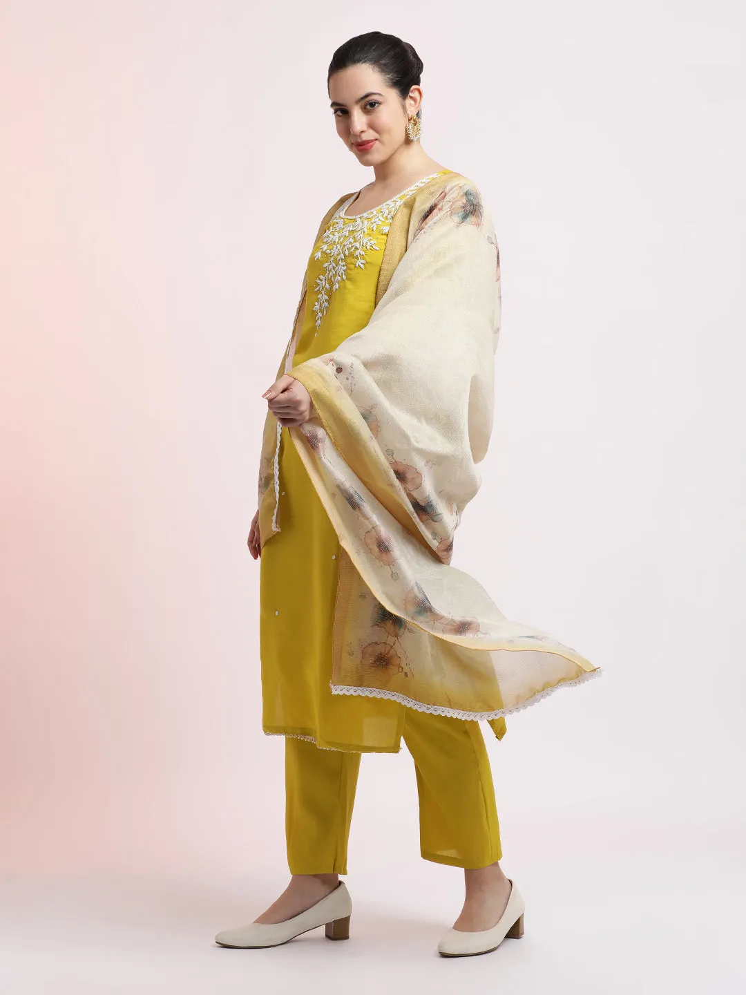 Light Green Embroidered Cotton Festive Kurta Set With Dupatta