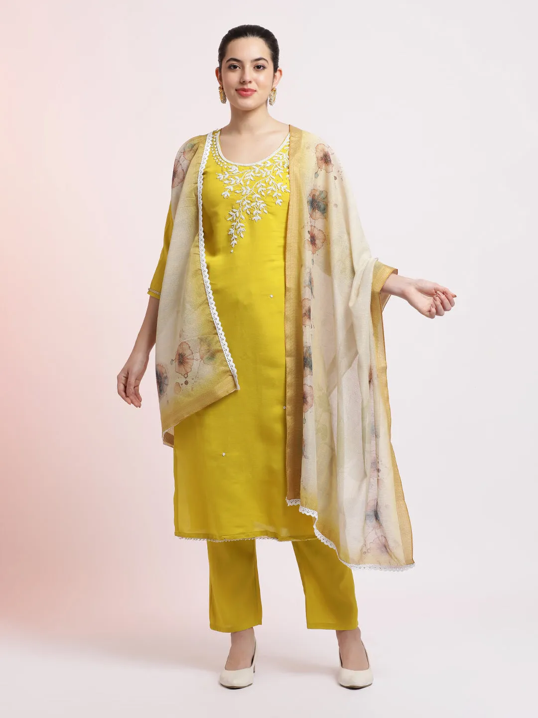 Light Green Embroidered Cotton Festive Kurta Set With Dupatta