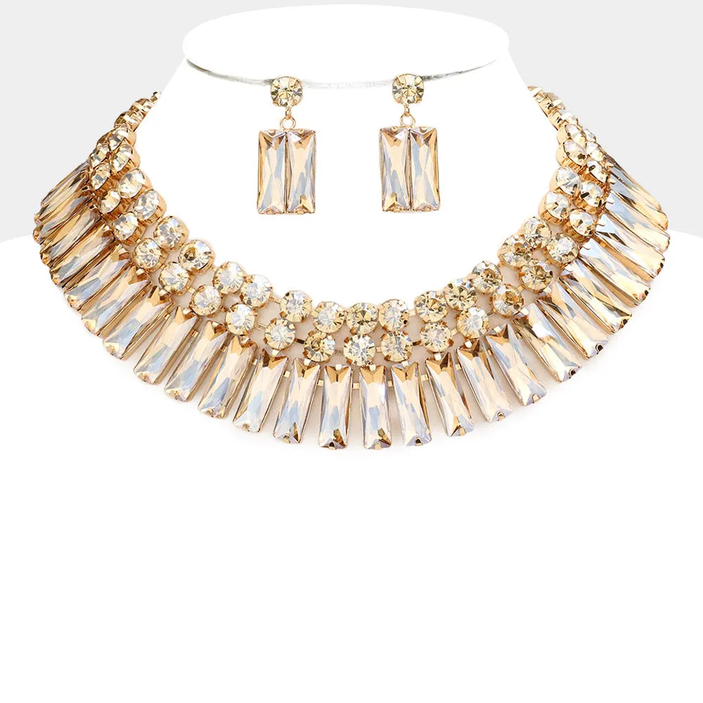 Light Topaz Round and Rectangle Stone Cluster Evening Necklace Set  | Large Crystal Fashion Necklace Set  |  571415
